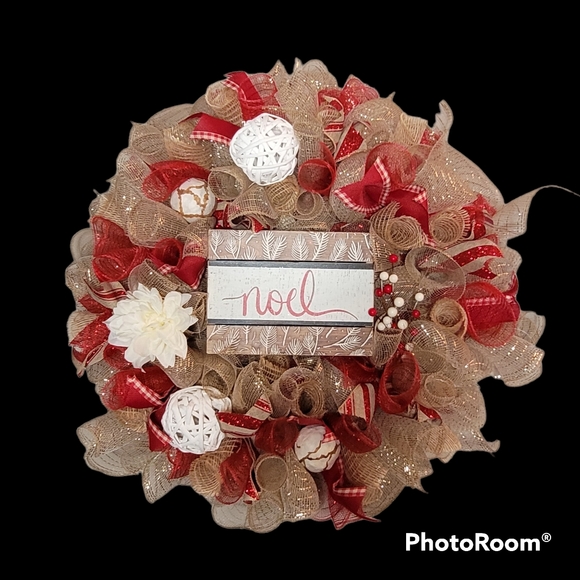 Handmade Noel Wreath,  Red and White Accents - Picture 3 of 4